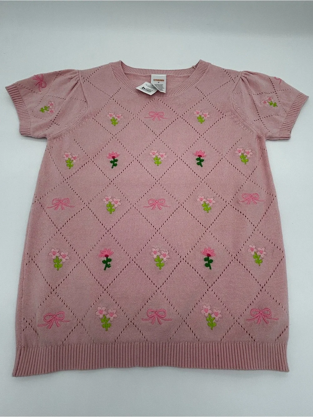 Gymboree Girls Short Sleeve Sweater in Pink with Flowers and Bows Size 8 (NWT)
